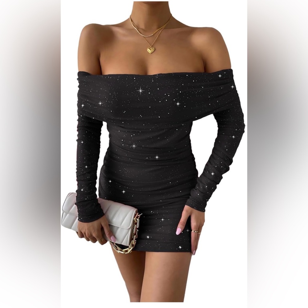 Women's mini dress with sparkling glitter and off-the-shoulder